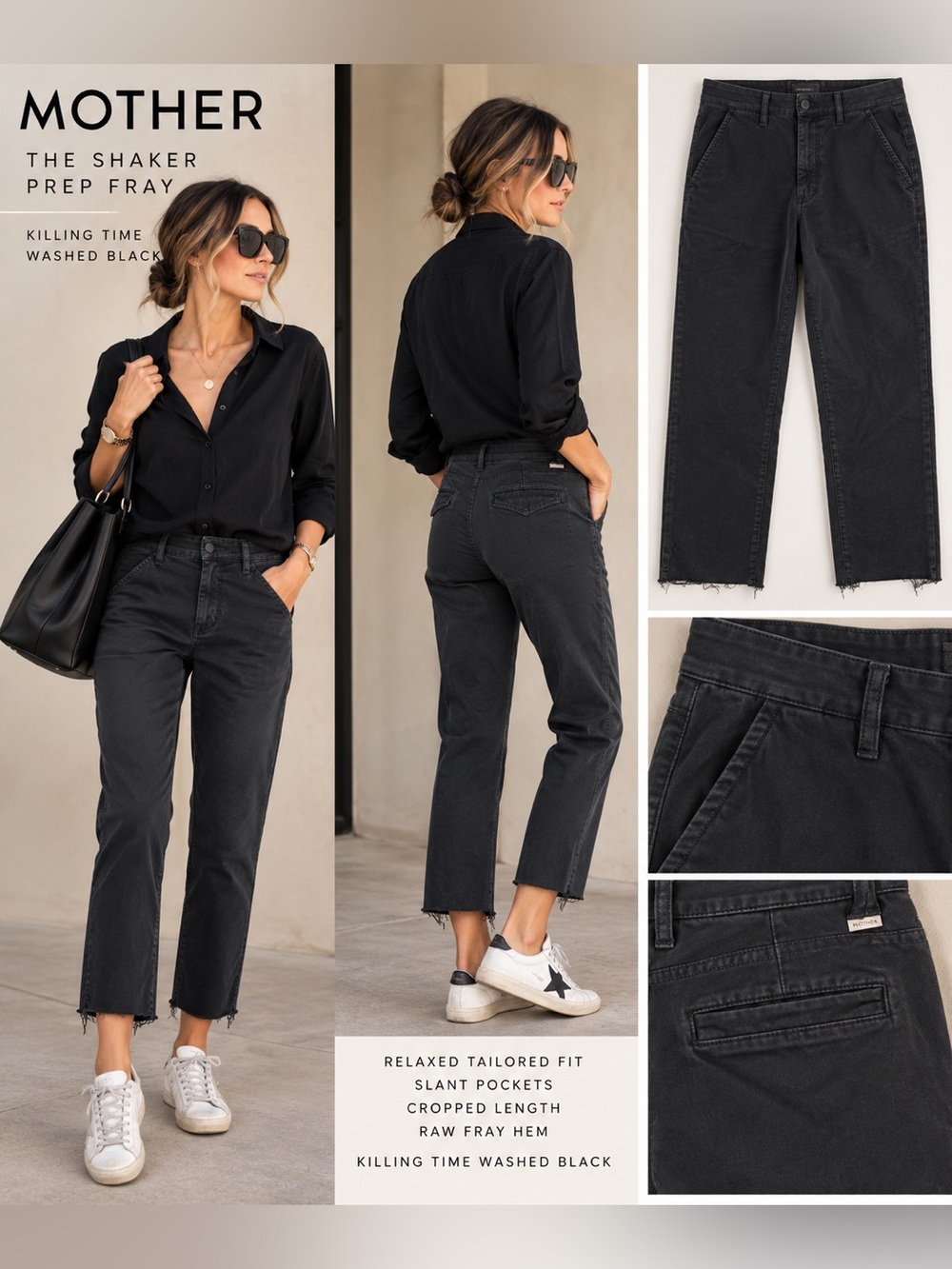 MOTHER The Shaker Prep Fray Jeans Black Raw Hem Cropped Pants 26 straight ankle